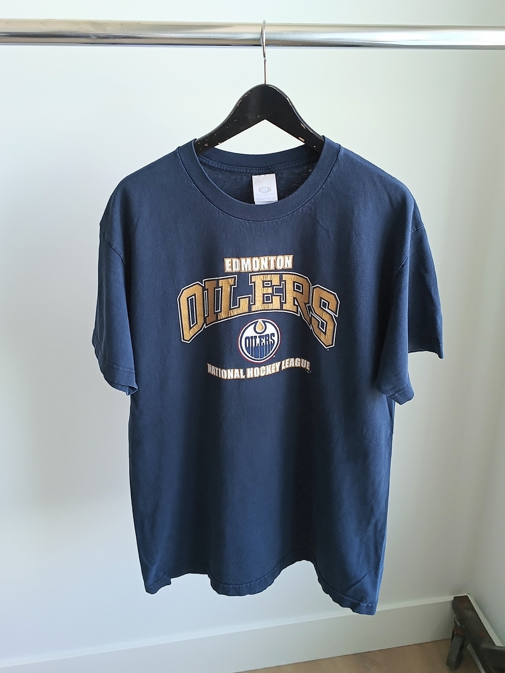 VTG Y2K Edmonton Oilers T Shirt Bulletin Made In Canada Blue Large NHL Hockey 